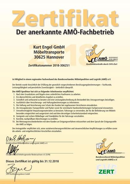 Engel GmbH Internationale Möbelspedition, Zertifikat