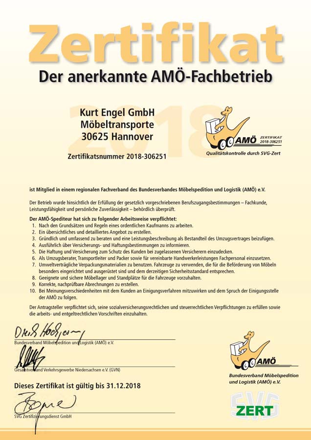 Engel GmbH Internationale Möbelspedition, Zertifikat